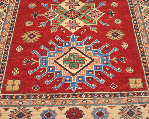 3x5 Red Kuba Afghan Hand Knotted Wool Area Rug